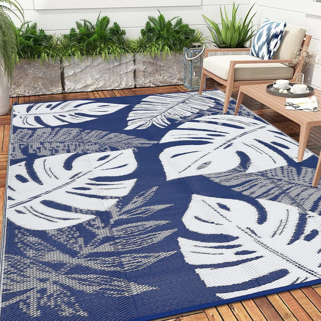 Outdoor Rug Waterproof Reversible Rug Modern Leaves Plastic Straw Area Rug