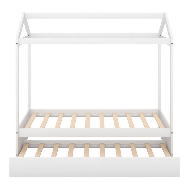 Solid Pine House Bed Frame Twin Size with Trundle Bed,Can Be Decorated
