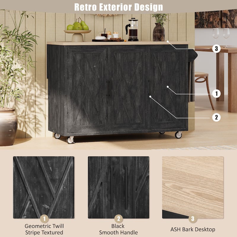 51.2" Wood Rolling Kitchen Island with Drop Leaf and Internal Rack