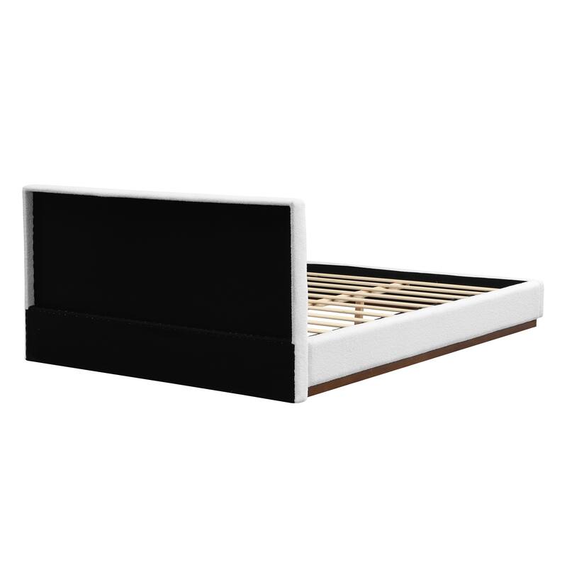 Elegant White Fabric Upholstered Bed With Nice Wood Grain Textured Solid Wood Base Frame,White,Queen