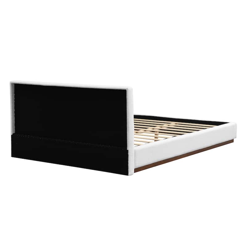 Queen Upholstered Platform Bed, White Fabric Low Profile Bed Frame