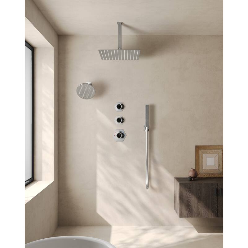 Dual Rainfall Shower System 12" & 6" Heads with Thermostatic Valve and Handheld Spray