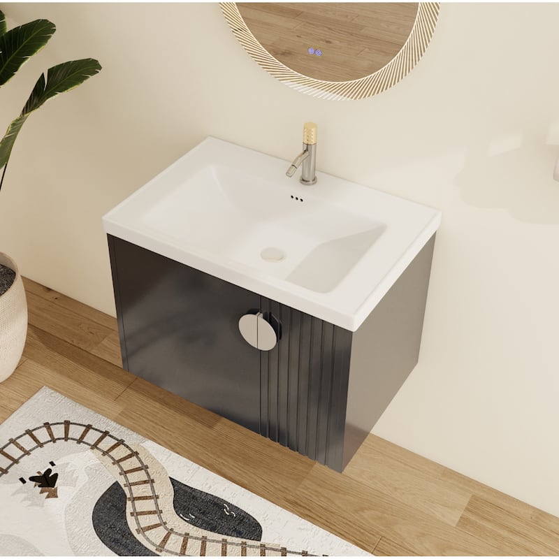 Malwee 24"/28" Floating Bathroom Vanity, Wall Mounted Bathroom Vanity with Ceramic Sink and Soft Close Door - black - 27.75"×18.5"×20.69"