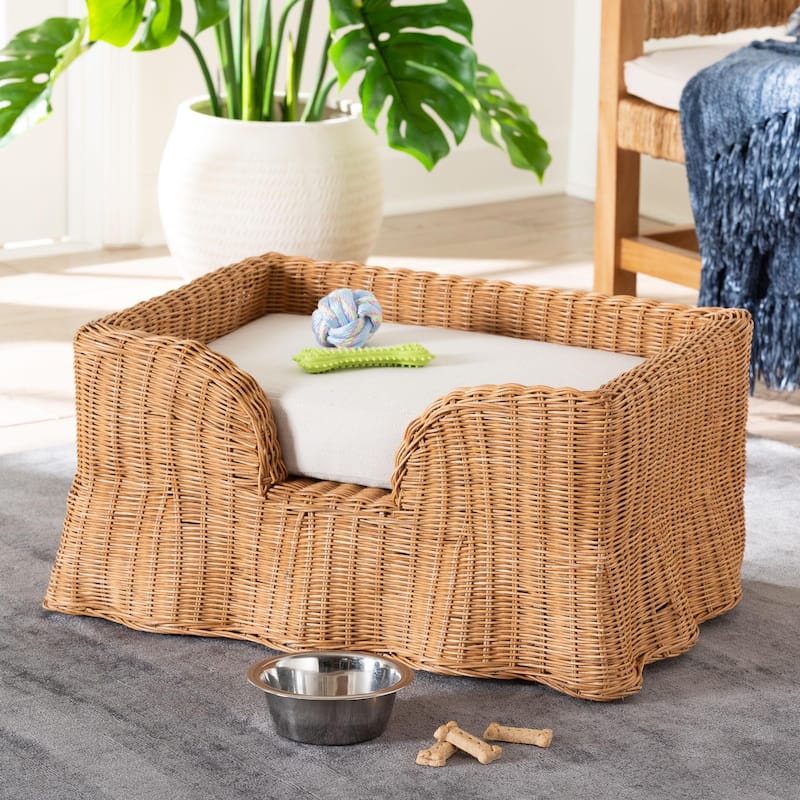 Belita Natural Rattan Pet Bed with Scalloped Base - Handwoven Wicker Enclosed Lounge Bed for Dogs or Cats with Removable Cushion