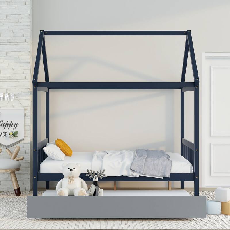 House-Shaped Full Bed with Trundle in Navy Blue and Grey, Solid Pine Wood Frame