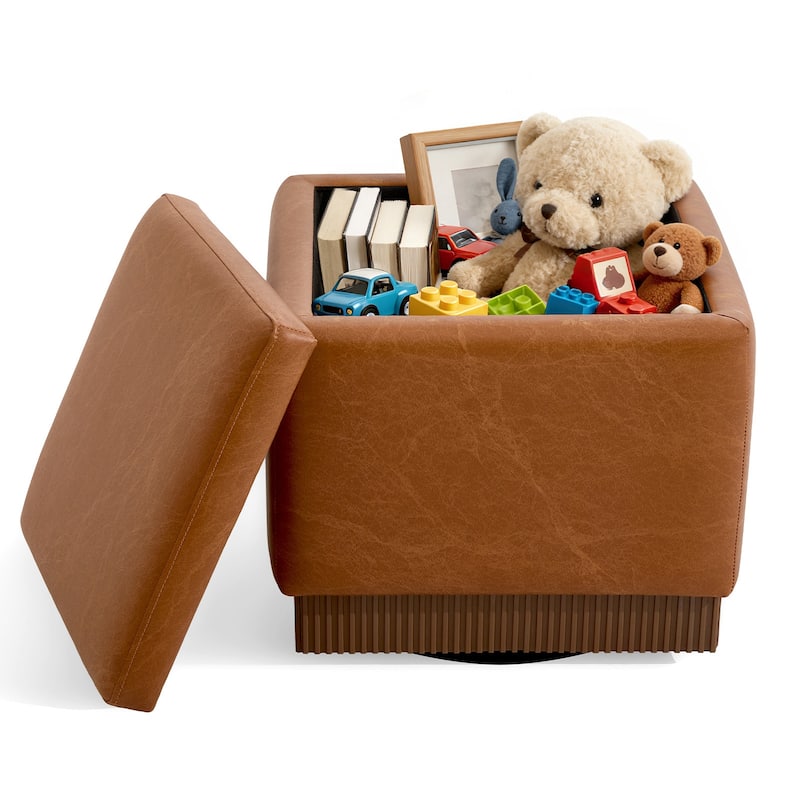 Swivel Storage Ottoman Bench Footstool with Flip-top and Acacia Frame