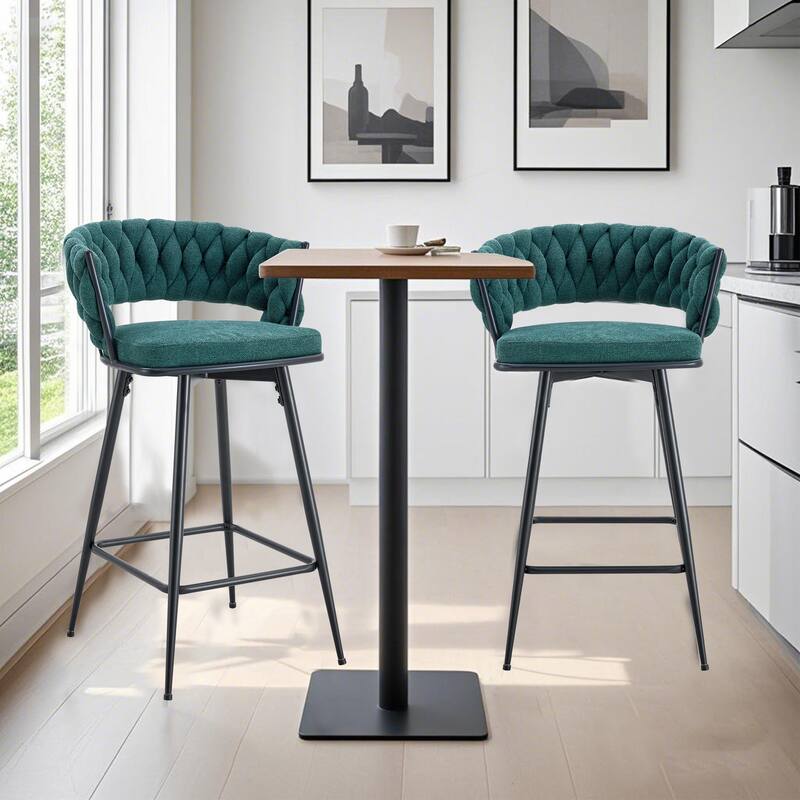 Set of 2 Swivel Bar Stools with Retro Green Linen Cushions & Black Iron Frame for Restaurants & Bars