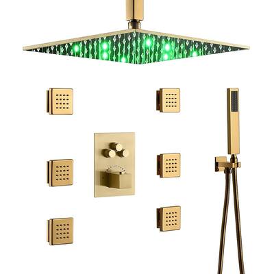 12" LED Ceiling Rainfall Shower 3 Way Thermostatic Faucet System w/ 6 Body Jets