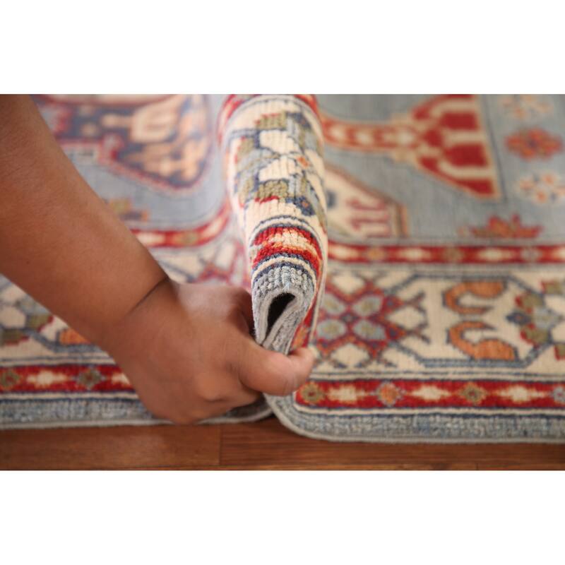 Light Blue Geometric Kazak Oriental Rug Handmade Wool Carpet - 3'2"x 4'8"