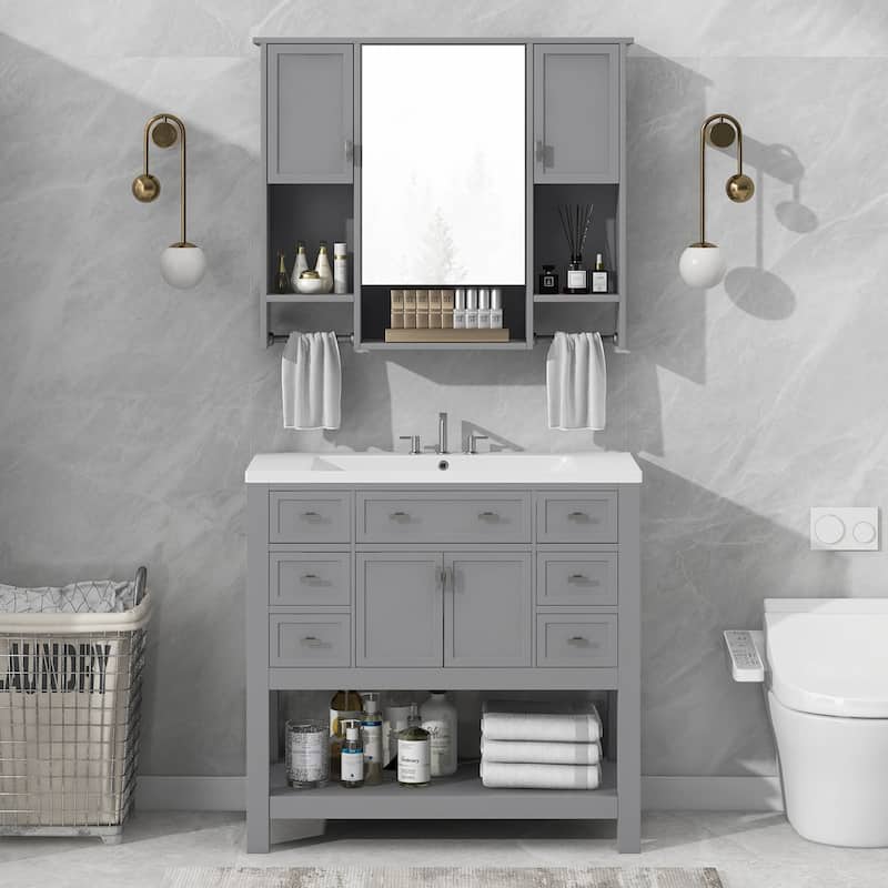 36'' Bathroom Vanity Set with Mirror Cabinet, Freestanding Bathroom Storage Cabinet with 2 Soft Close Doors and 6 Drawers
