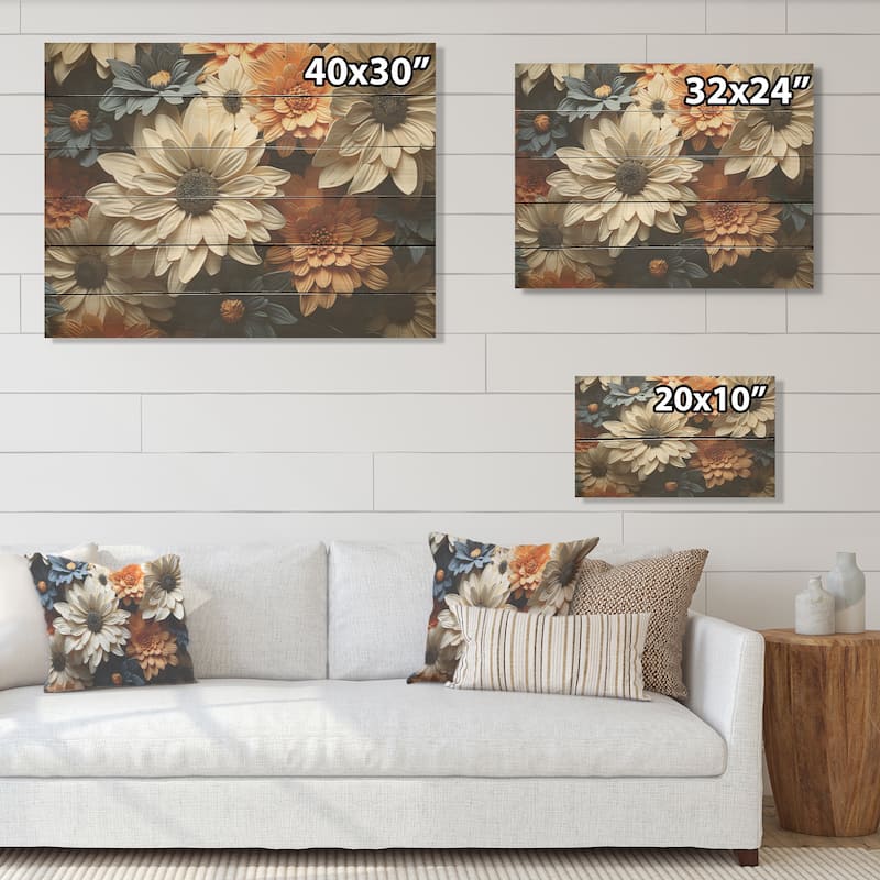 Designart "White And Orange Daisy Florescence Radiance" Daisies Wood Wall Decor White Wood Panel On Natural Pine Wood