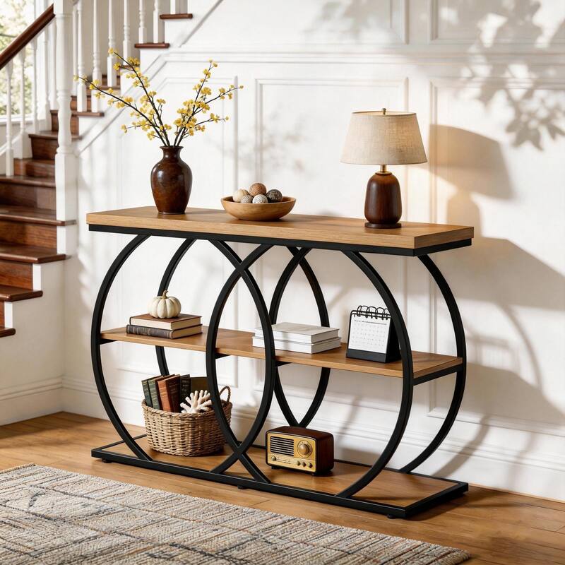 41.3" Console Table, 3-Tier Entryway Table with Storage Shelves - Brown + Black