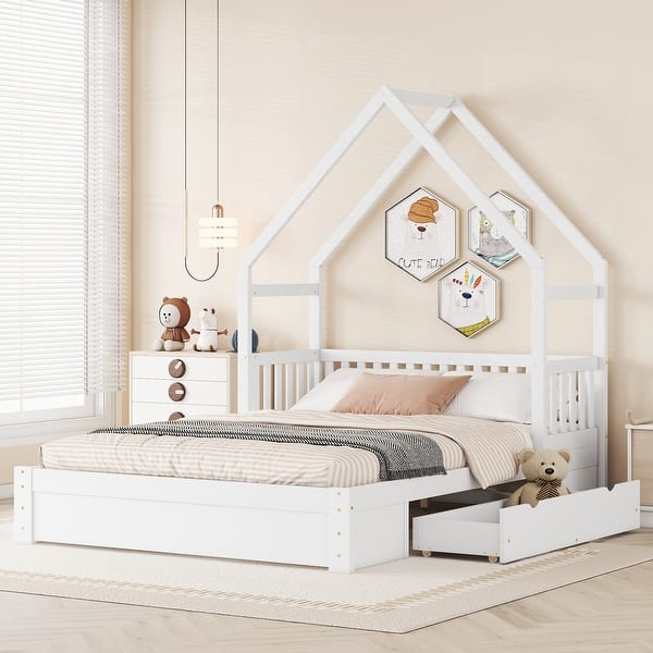 slide 2 of 24, Queen Size Platform Bed Kids Floor Bed with House & Guardrail Frame Design Headboard and 2 Storage Drawers, No Box Spring Needed White - Queen