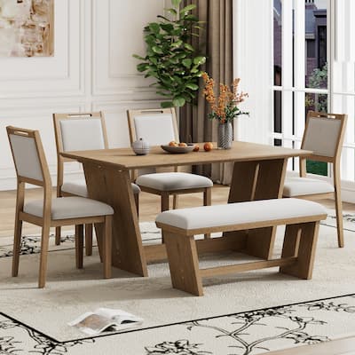 6-Piece Retro Dining Set with Rectangular Table, Trapezoidal Base, 4 Upholstered Chairs, and 1 Bench for Dining Room