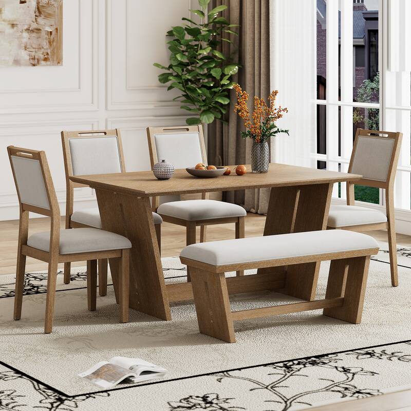 6-Piece Transitional Dining Set with 4 Chairs & Bench - Natural Wood Wash