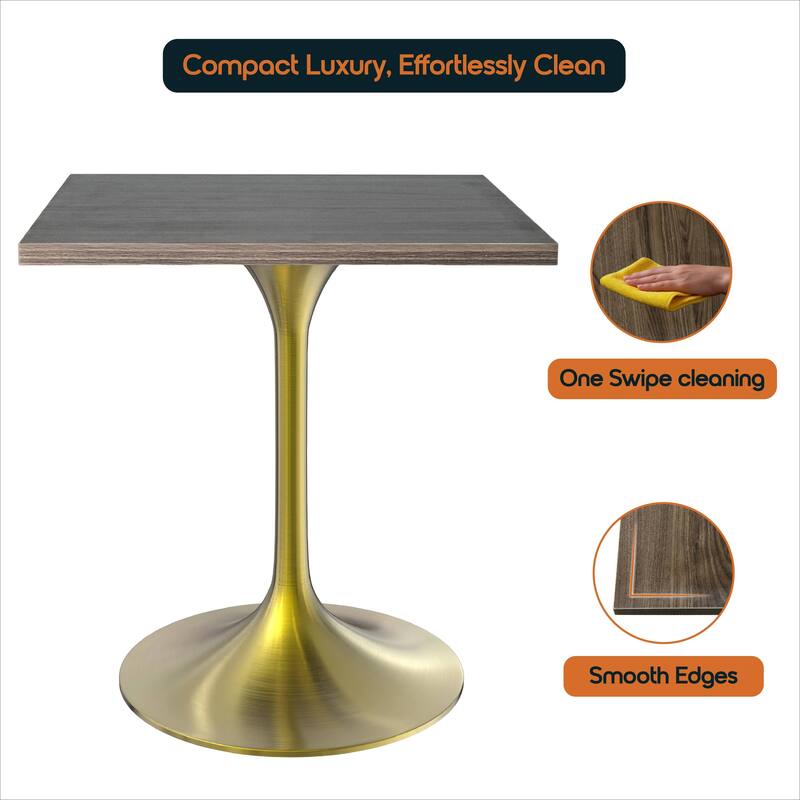 Verve 24 in. Wide Dining Table Square MDF Wood Tabletop in Gold Stainless Steel Pedestal Base Accent Kitchen Table