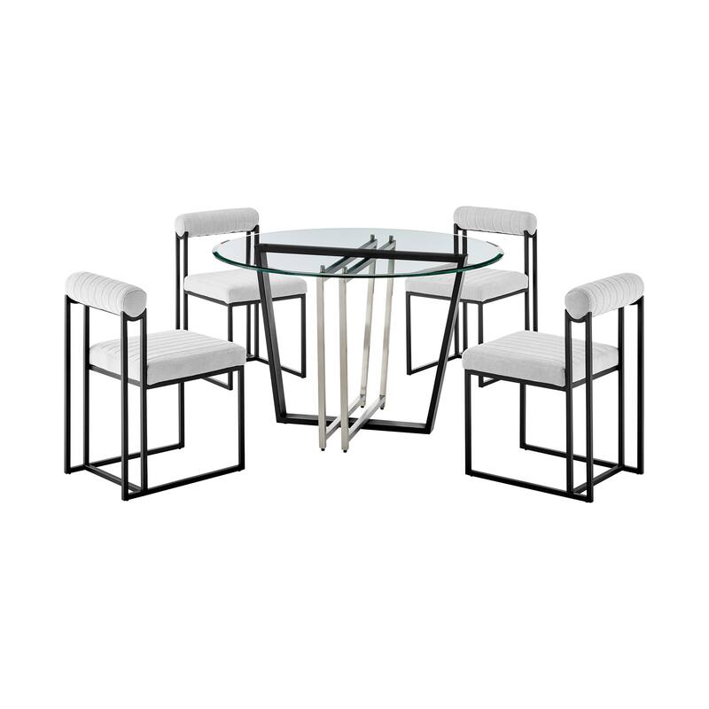 Devi Anastasia 5 Piece Round Glass Dining Table Set with Metal Frame and Upholstered Chairs