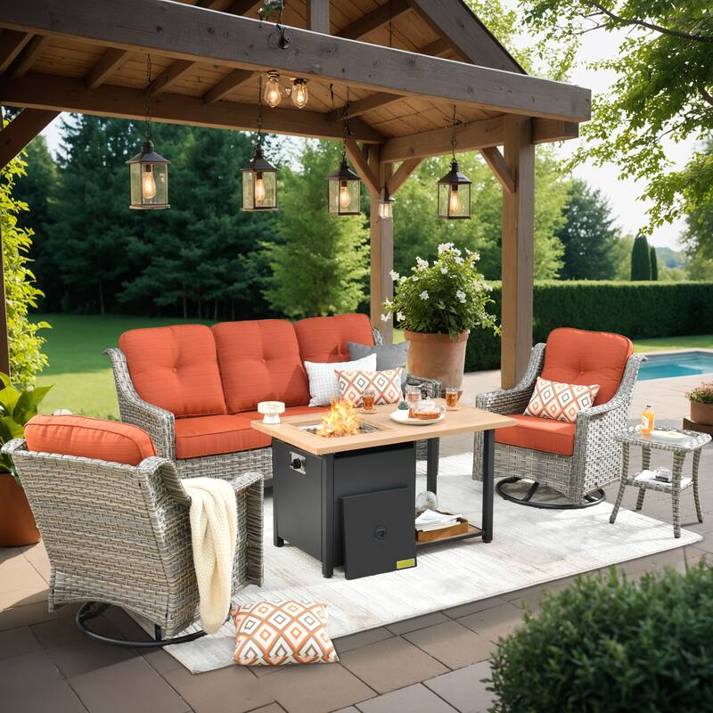 XIZZI 5-piece Patio Furniture Wicker Swivel Rocking Chair Set with Fire Pit - Red/Orange