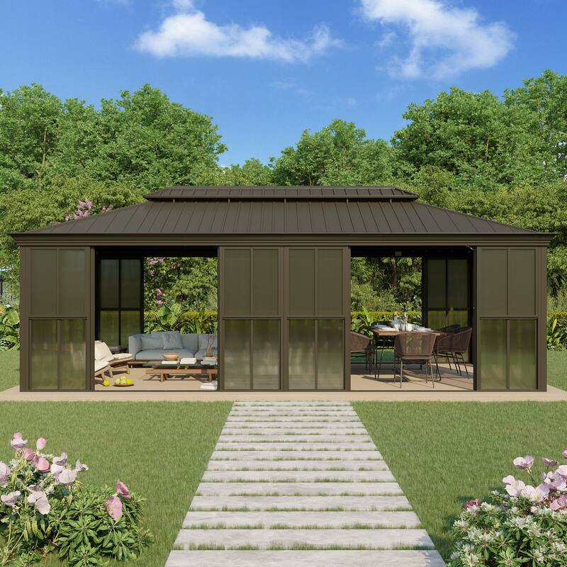 Hardtop Gazebo with Double Steel Roof, Sliding/Lockable Doors & Screens - All-Season Rustproof Aluminum Frame，Advanced Drainage