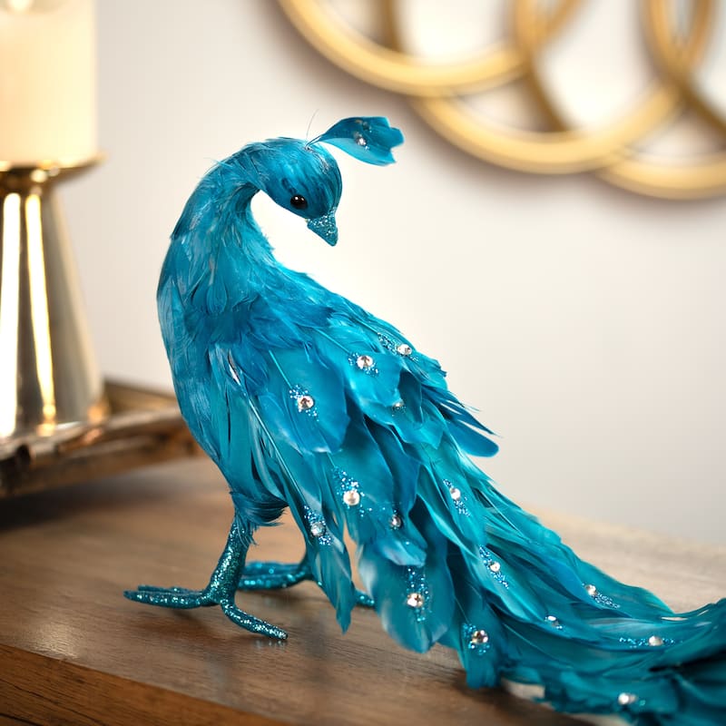 Peacock Glittered with Faux Crystals Christmas Decoration - 24" - Blue