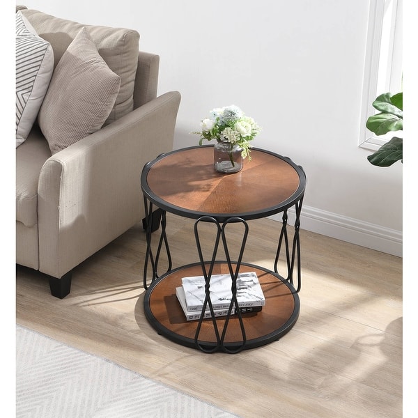 slide 2 of 16, Round Wood Frame Side Table Coffee End Table Antique Black/Gold Living Room Bedroom