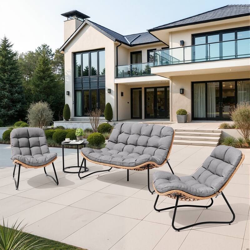 All-Weather Papasan PE Rattan Chair Single Loveseat Sets with Cushion For Indoor Outdoor - 3PC-PapasanChairsSet - DarkGrey