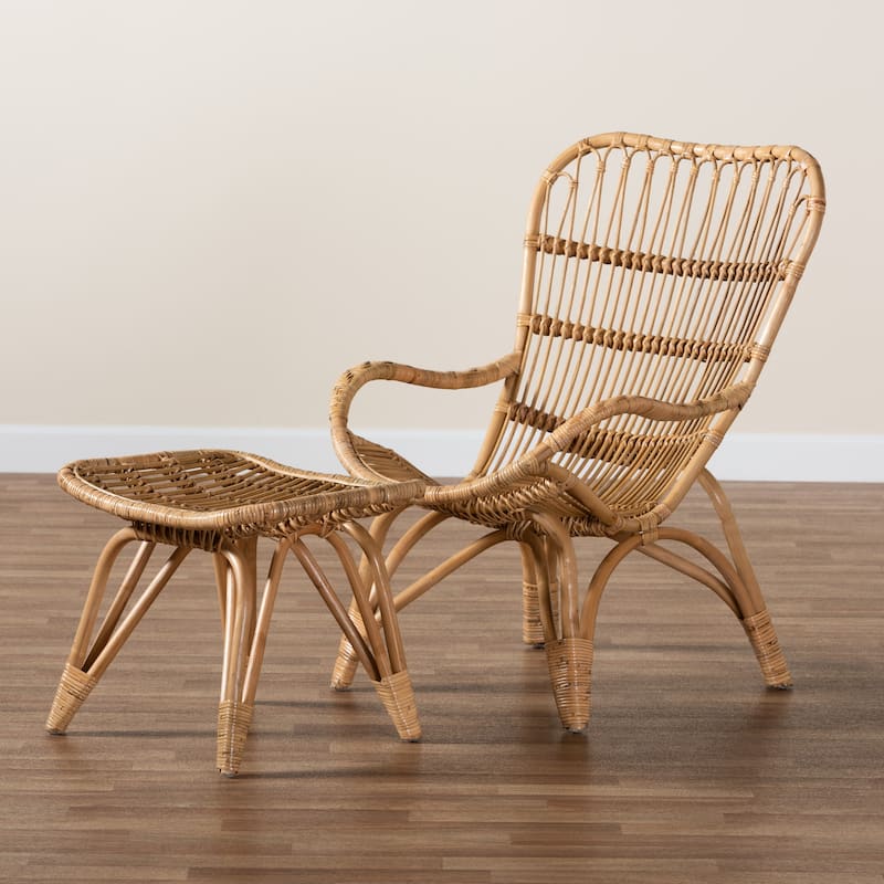 Earvin Modern Bohemian Natural Brown Rattan 2-Piece Armchair and Footstool Set
