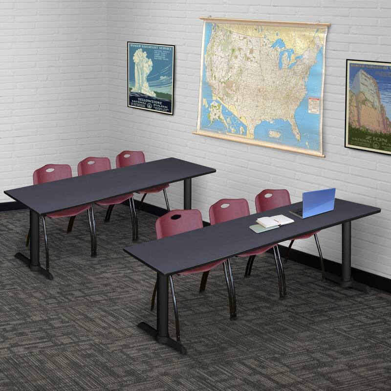 84" x 24" Training Table- Grey & 3 'M' Stack Chairs- Burgundy