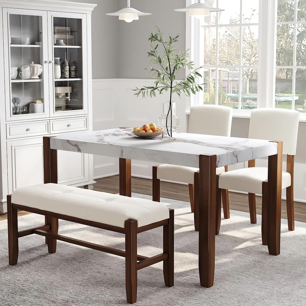 Dining Furniture Set, Faux Marble Table and Upholstered Chairs & Bench with Wood Legs