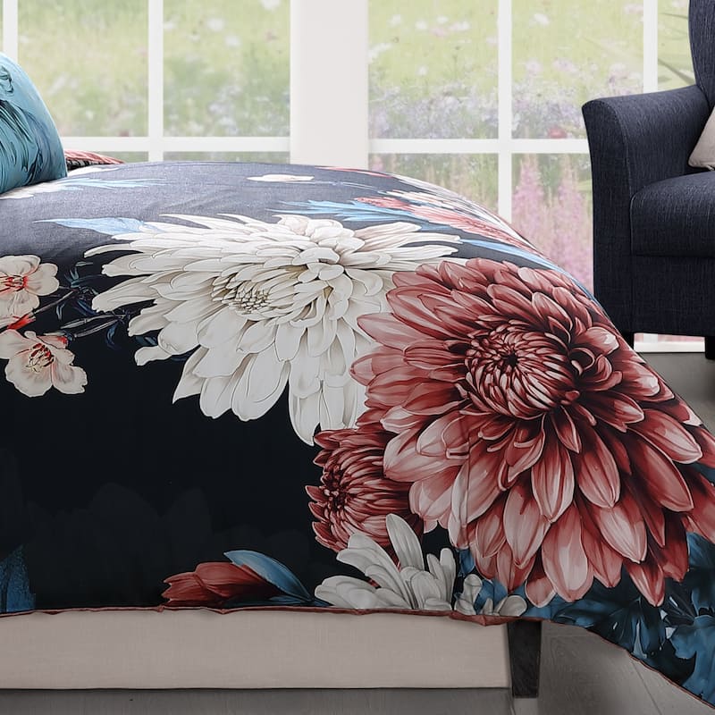 Bebejan Navy Mums 100% Cotton Sateen 5 Piece Reversible Comforter Set