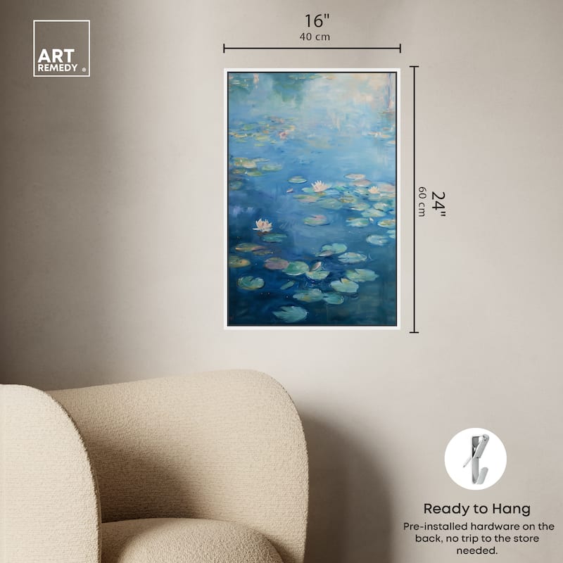 Art Remedy Lilypads In Blues Framed Impressionism 1 Piece Canvas Wall Art /Monet And Van Gogh Inspired Art