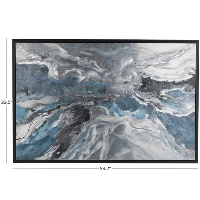 Canvas Abstract Living Room Framed Wall Art with Silver Foil Accents and Black Frame - Blue - Roche River Decor