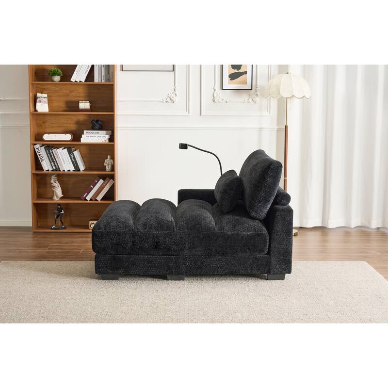 Chenille Single Sofa Chair Chaise Lounge with Phone Holder, Upholstered Recliner Sleeper Sofa Bed for Living Room