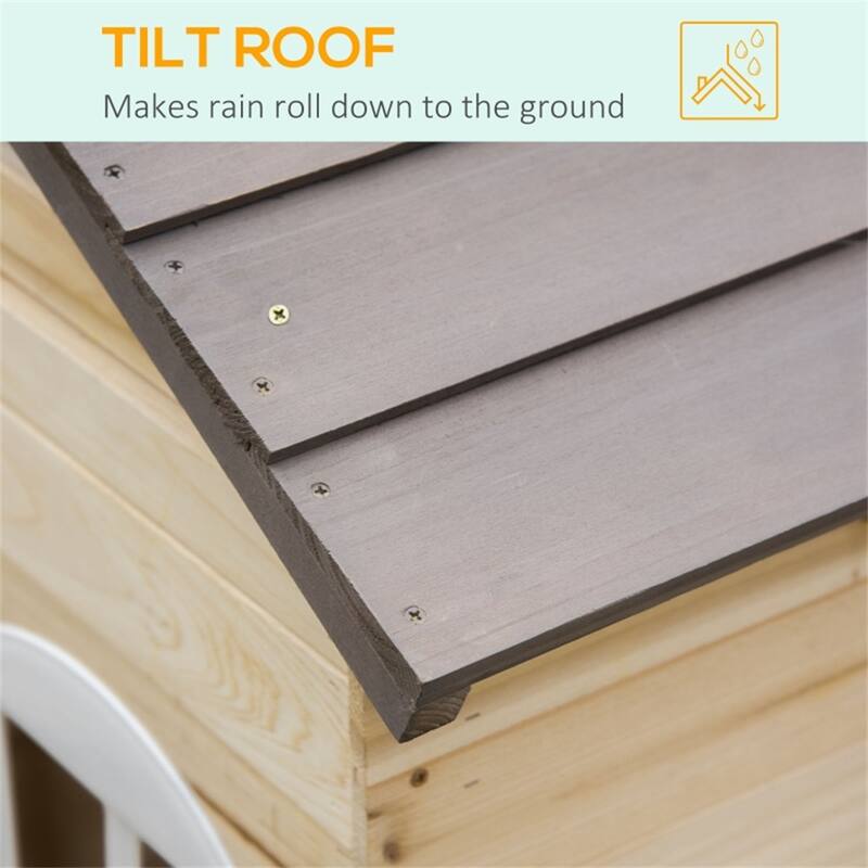 Natural Gray White and Orange Wooden Kids Outdoor Playhouse with Bench Service Station and Flowerpot Holders