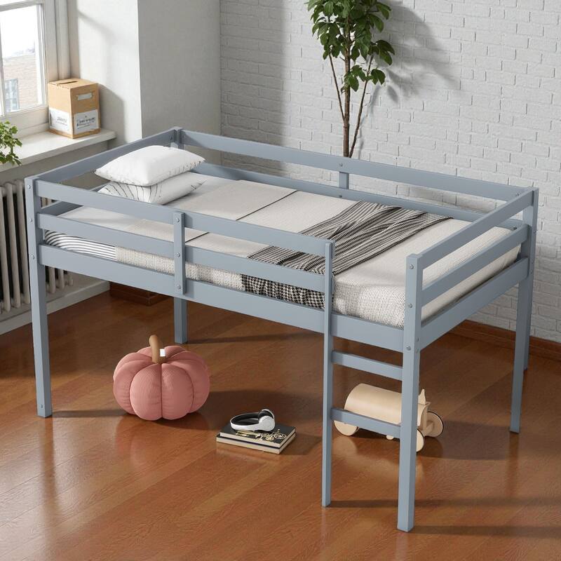 Solid Wood Twin Loft Bed with Ladder, Rubber Wood Frame Low Height Design with Guard Rails and Storage Space