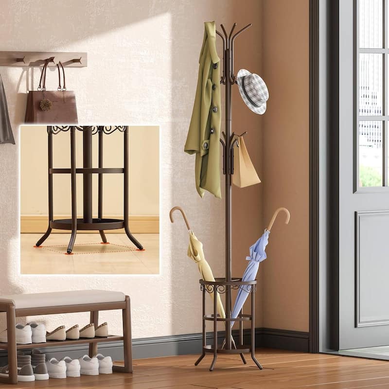 70.5” Tall Metal Entryway Coat Rack Hall Tree with 12 Hooks and Umbrella Stand for Home or Office - 11.2"D x 11.2"W x 70.5"H