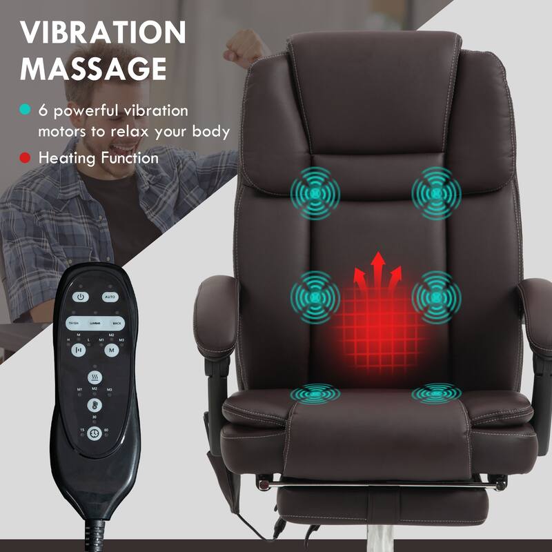Massage Office Chair with 6 Vibration Points, Heated Reclining PU Leather Computer Chair with Adjustable Height, Footrest