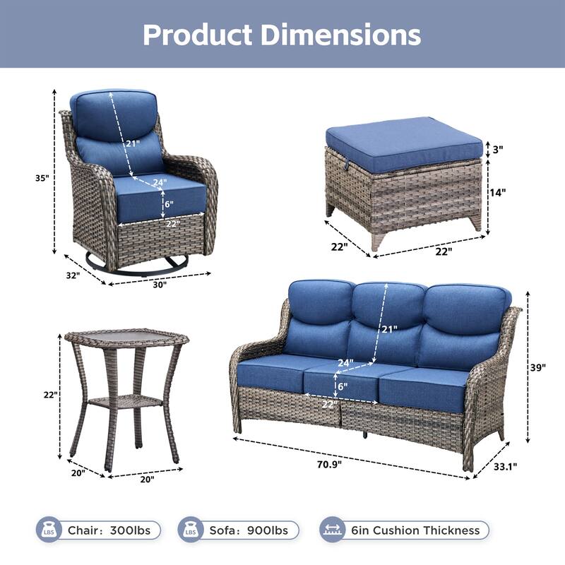 Meyreso 6-Piece Wicker Patio Conversation Set with Swivel Gliders and 6-Inch Thick Olefin Cushions