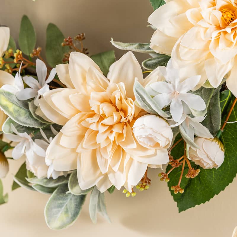 Glitzhome Peach Dahlia Floral Wreath Teardrop Garland