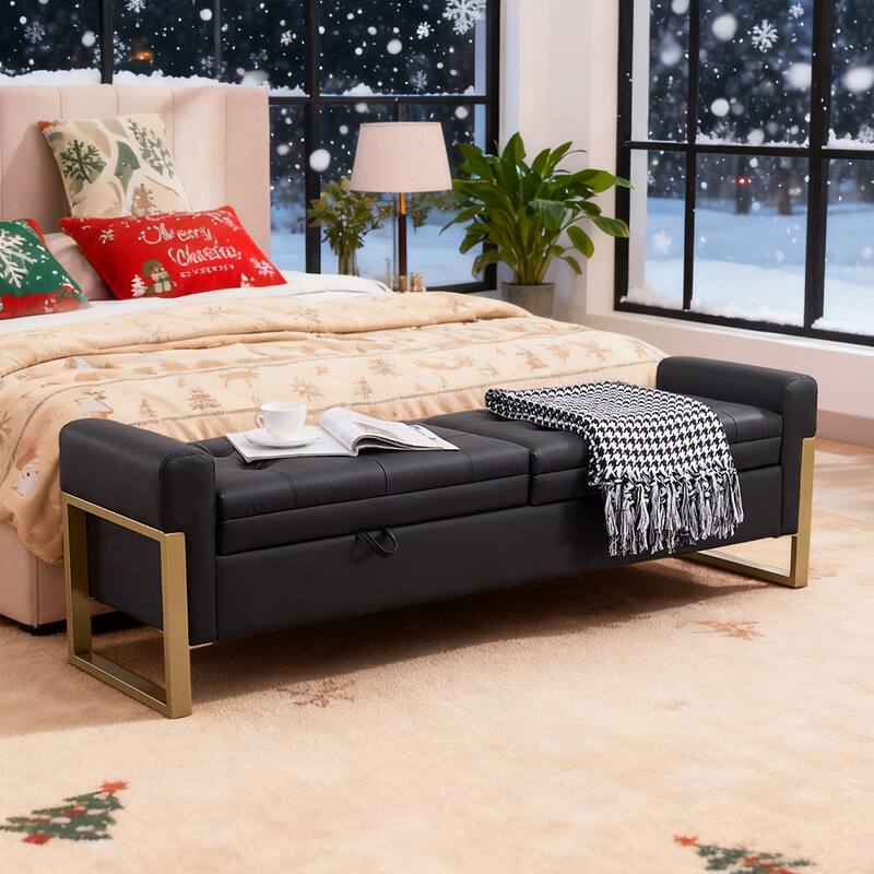 66" Storage Bench King Size End of Bed with Double Lids and Gold Legs