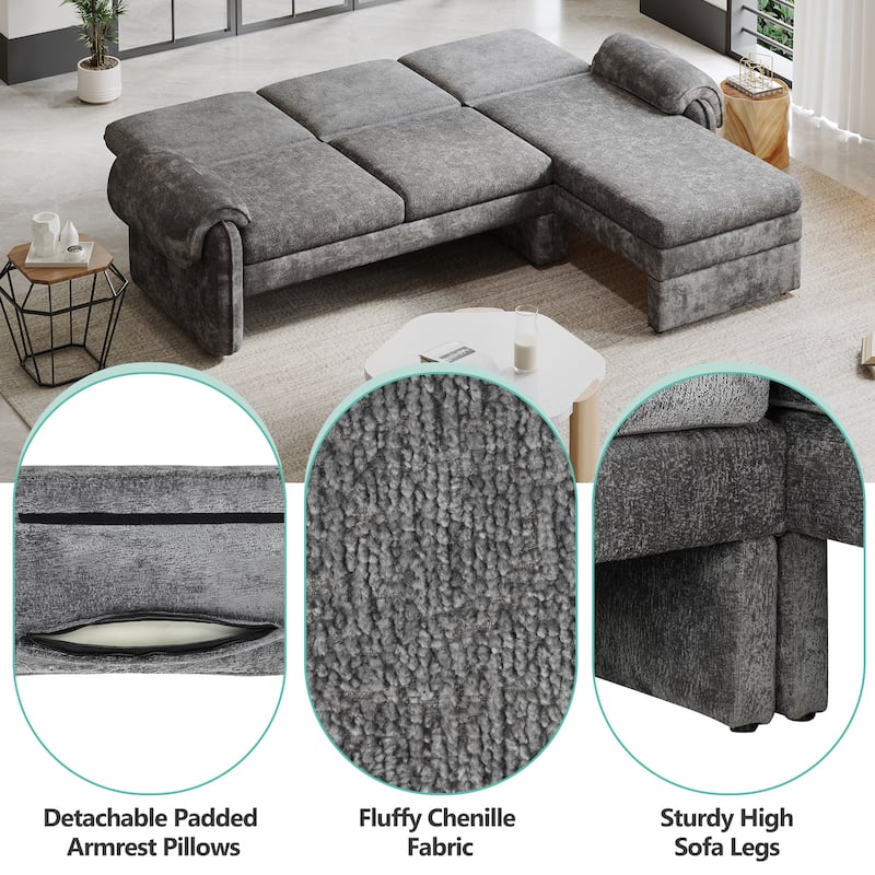 94.1" Convertible Futon Sofa Bed, Adjustable Backrest, Reversible Chaise, Detachable Pillows, Gray Chenille, Living Room