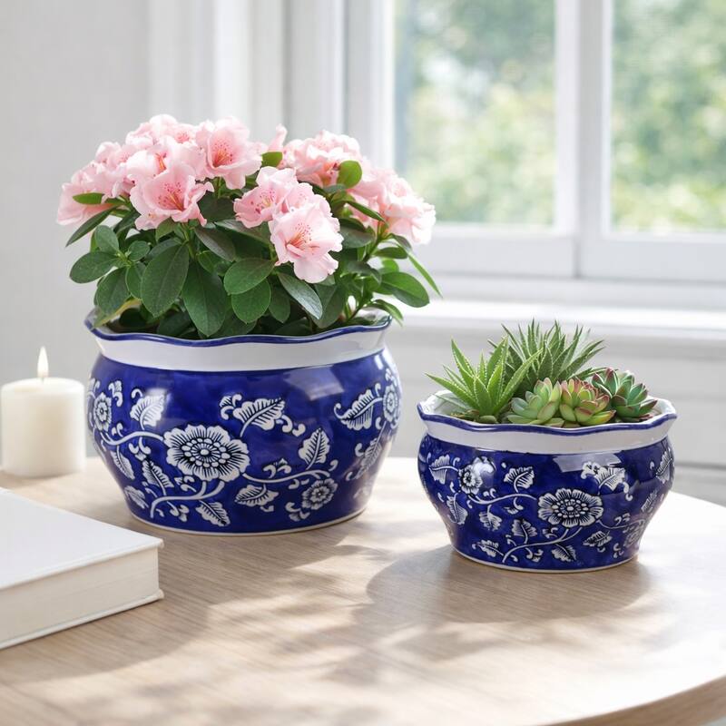Traditional Ceramic Chinoiserie Planters - Set of 2