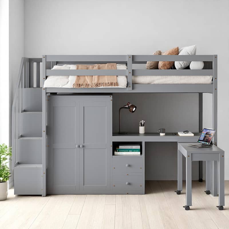 Twin/Full Size Loft Bed with Desk, Wardrobe, Drawers & Stairs, Wood Frame Study Bed with Storage for Kids/Teens - Grey - Twin