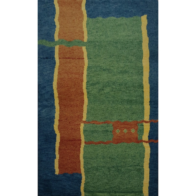 Hand Knotted Oriental 100% Wool Carpet Modern Geometric Green Gabbeh Area Rug - 5' 11'' X 4' 2''
