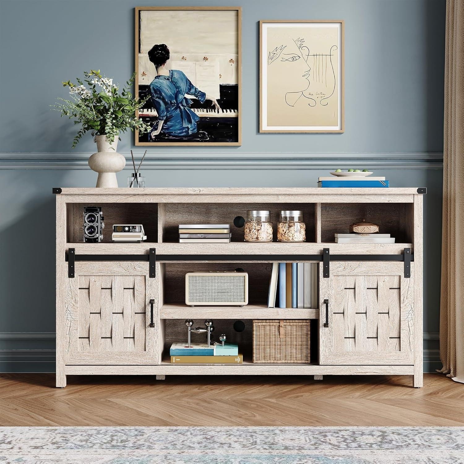 Tall Farmhouse TV Stand for 70 Inch TVs with Sliding Barn Door and Storage Shelves Light Brown