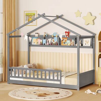 Gymax Twin Size House Bed w/Storage Shelf Headboard & Guardrail Wooden