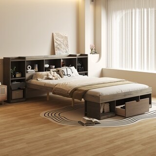 Queen Wood Platform Bed with Storage Headboard & Drawer, Grey