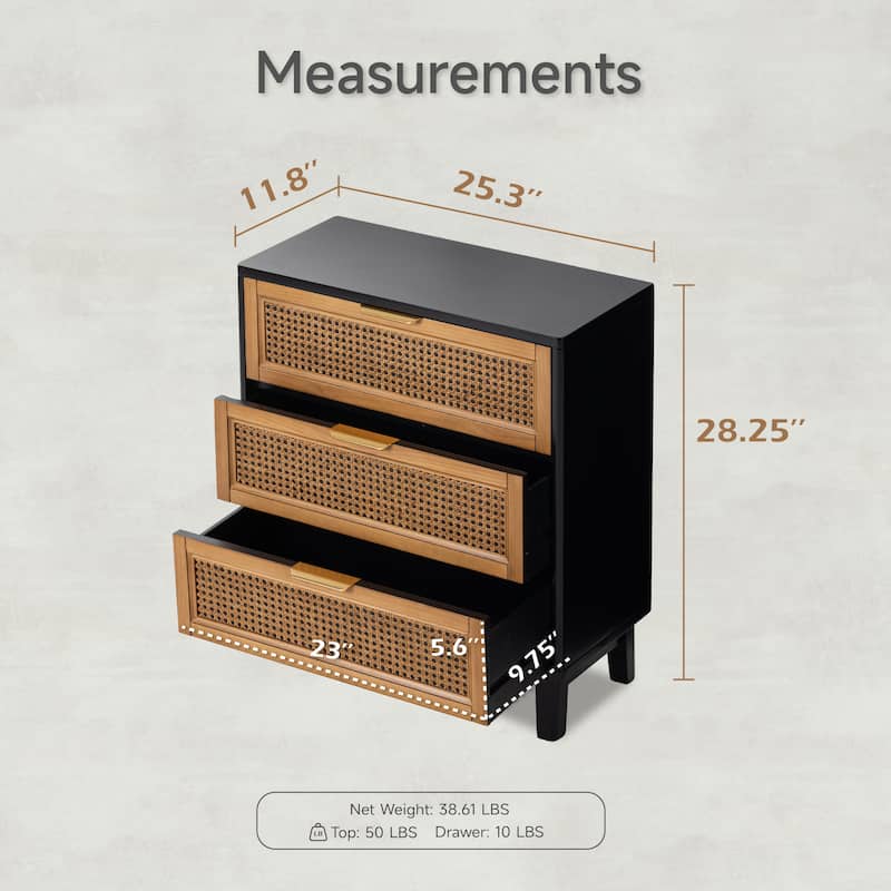 COZAYH Farmhouse 3-Drawer Nightstand, Rattan Cane Front Accent Dresser for Living Room, Bedroom