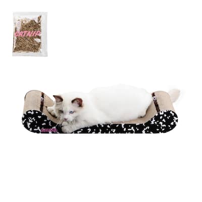 Rini 23.75" Modern Cardboard Lounge Bed Cat Scratcher with Built-In Bell Toys and Catnip, Black/White