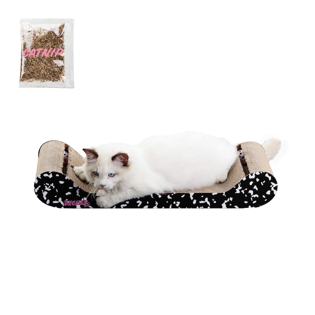 Rini 23.75" Modern Cardboard Lounge Bed Cat Scratcher with Built-In Bell Toys and Catnip, Black/White